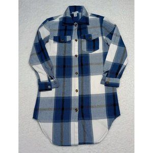 Better Together - Women's Oversized, Blue Plaid, Flap Pocket Flannel Long Sz XS